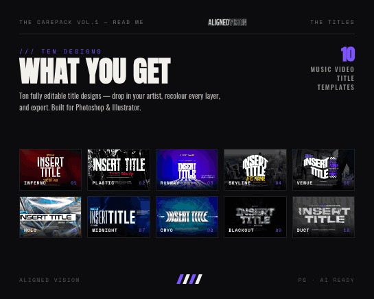 What You Get: the ten title designs in the pack, Inferno, Plastic, Runway, Skyline, Venue, Holo, Midnight, Cryo, Blackout and Duct